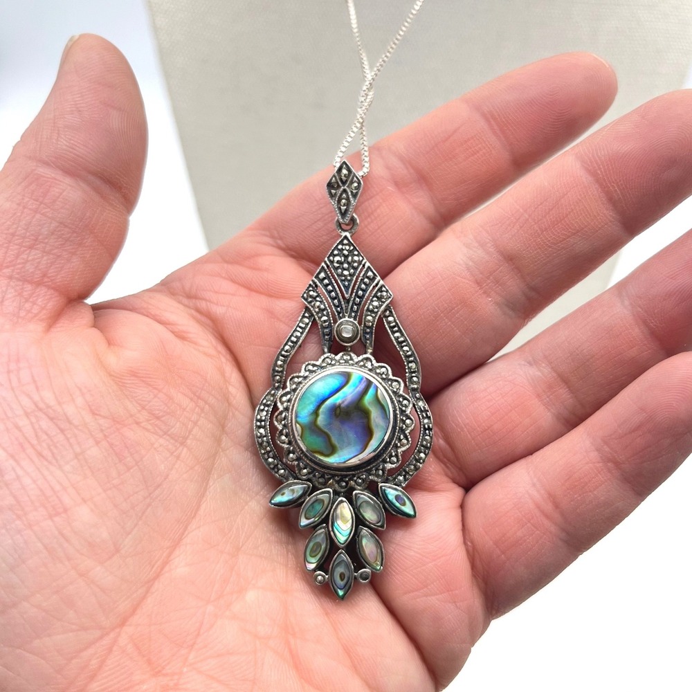 Sterling Silver Abalone Marcasite Pendant Brooch Necklace 30 Inch Box Chain 925 - Picture 6 of 9